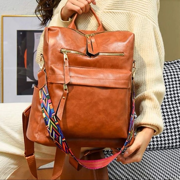 Camel zipper detail vegan leather mini back pack - Picture 3 of 9